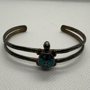 Vintage Navajo Jerold Francisco Sterling Silver Turquoise Turtle Cuff Bracelet